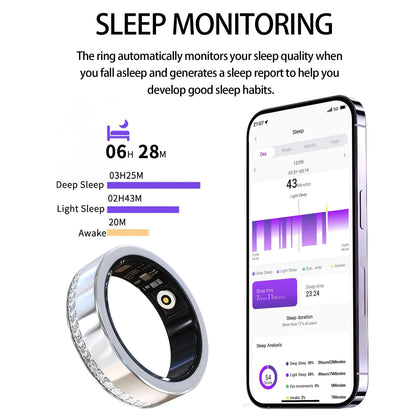 Smart Ring for Women Fitness Ring Diamond Activity Tracker Heart Rate Monitor Sleep Smart Rings Pedometer Calorie Counter Ladies Rings for Women Silver